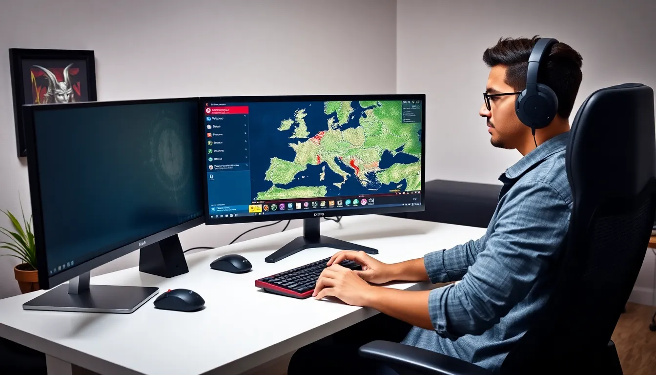 gamer playing Crusader Kings II in a modern workspace.