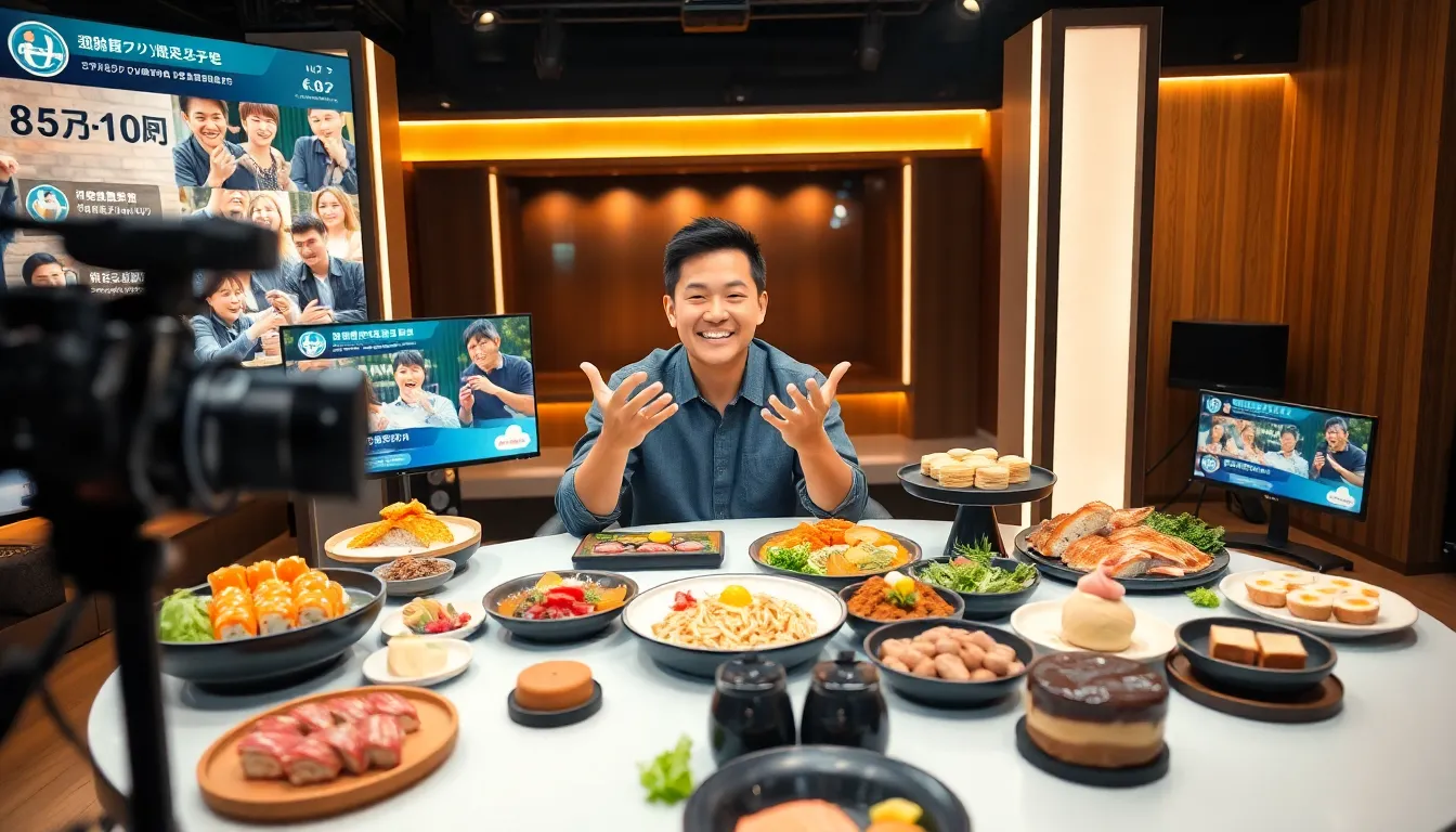 A host broadcasting a dpankbang with a variety of foods in a modern studio.