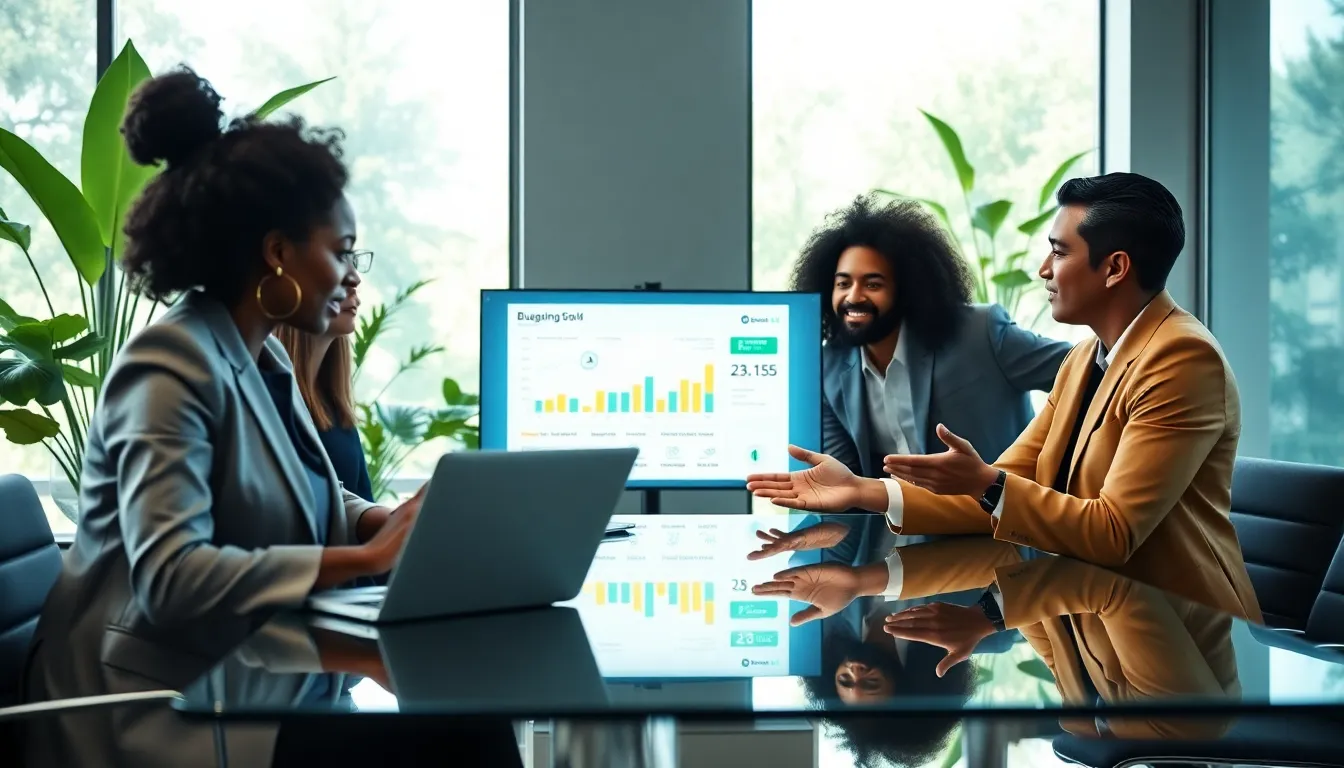 diverse finance team collaborating on AI-driven budgeting solutions.