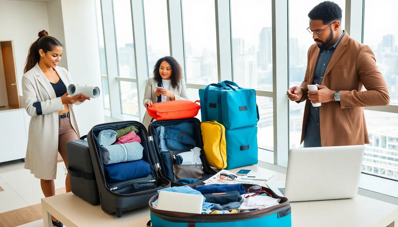 professionals packing luggage in a modern workspace.