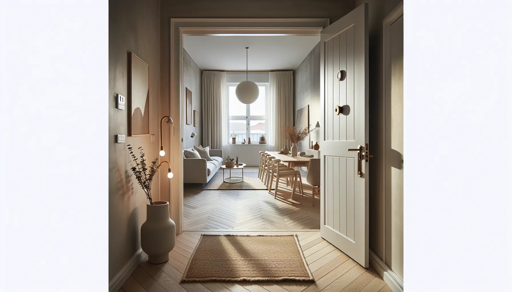 Slik kan du selge bolig raskere i et tregt marked 3 Bright, staged norwegian apartment entry opening to zoned, minimalist living space.