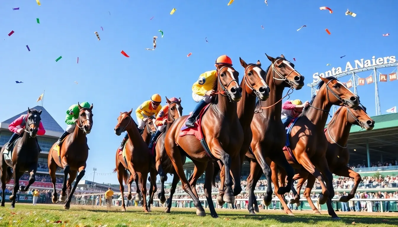 jockeys racing at iconic horse racing venues in the United States.