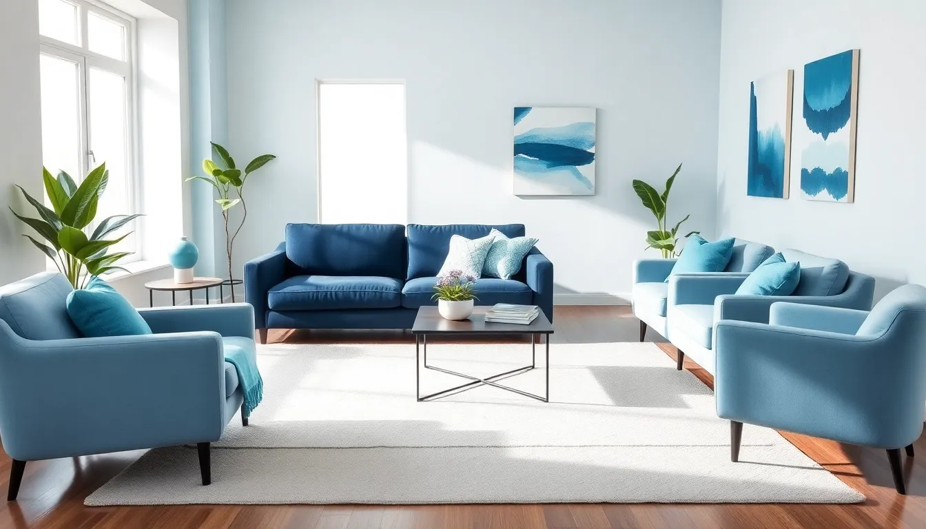 modern living room designed in calming shades of blue.
