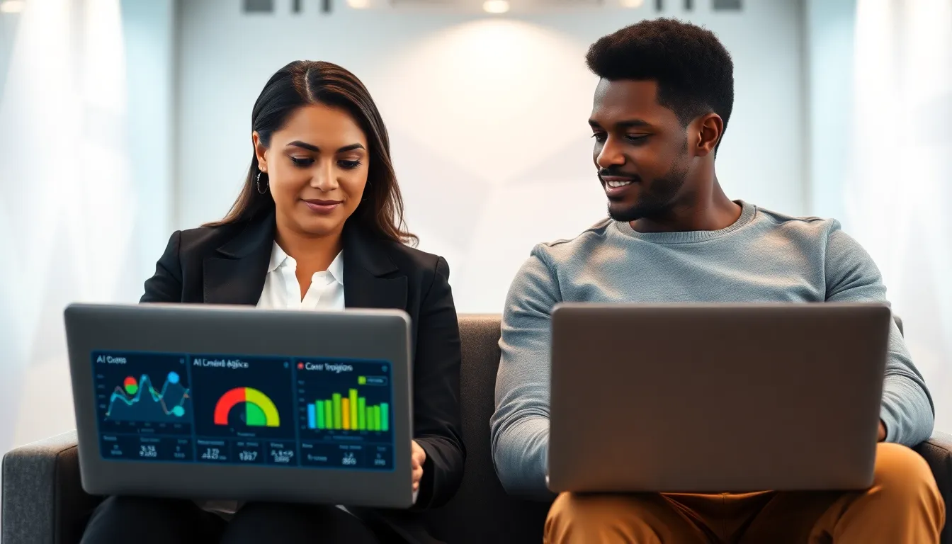 couple using AI relationship advice app in a modern office setting.