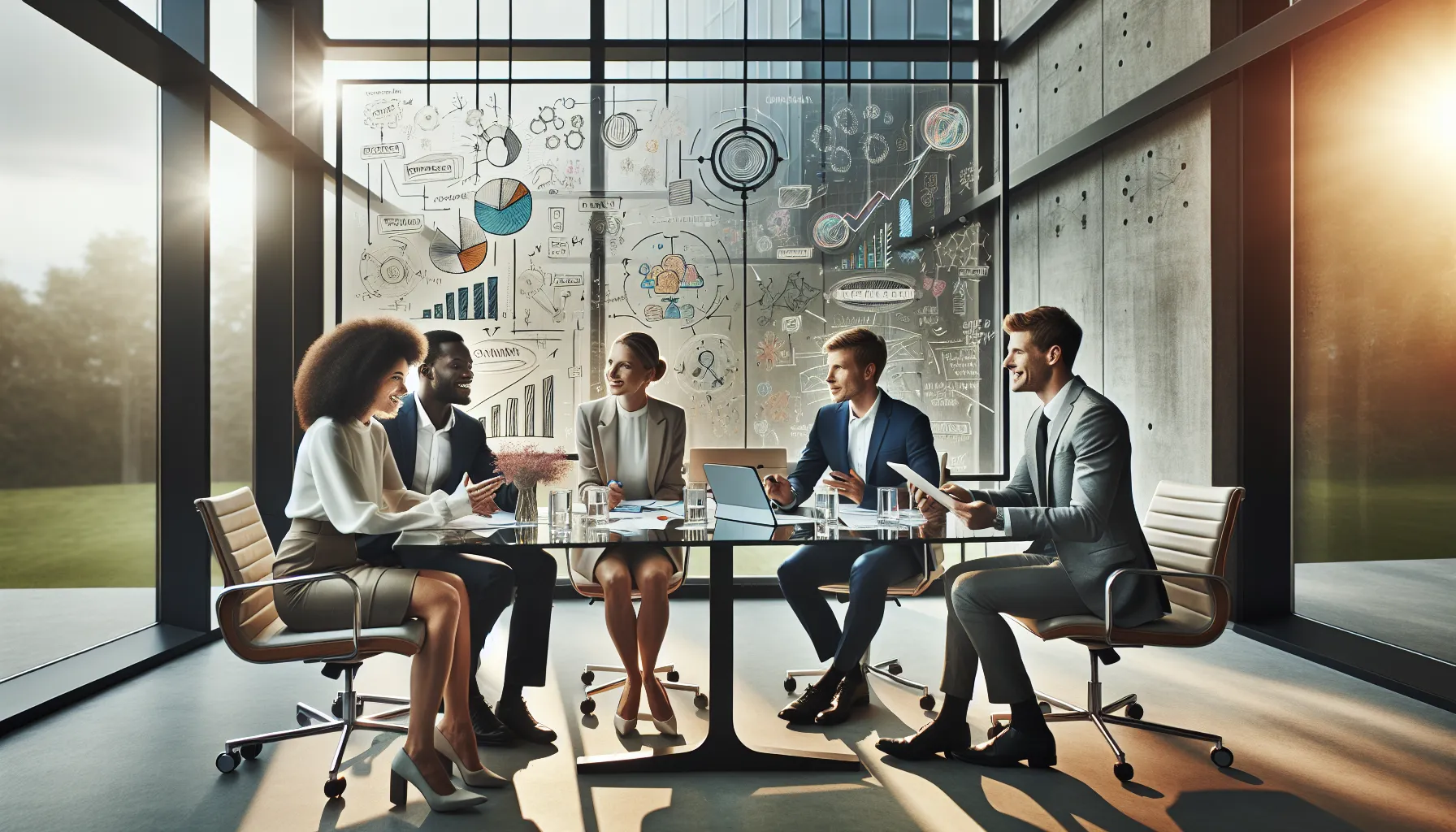 diverse team collaborating in a modern meeting room.