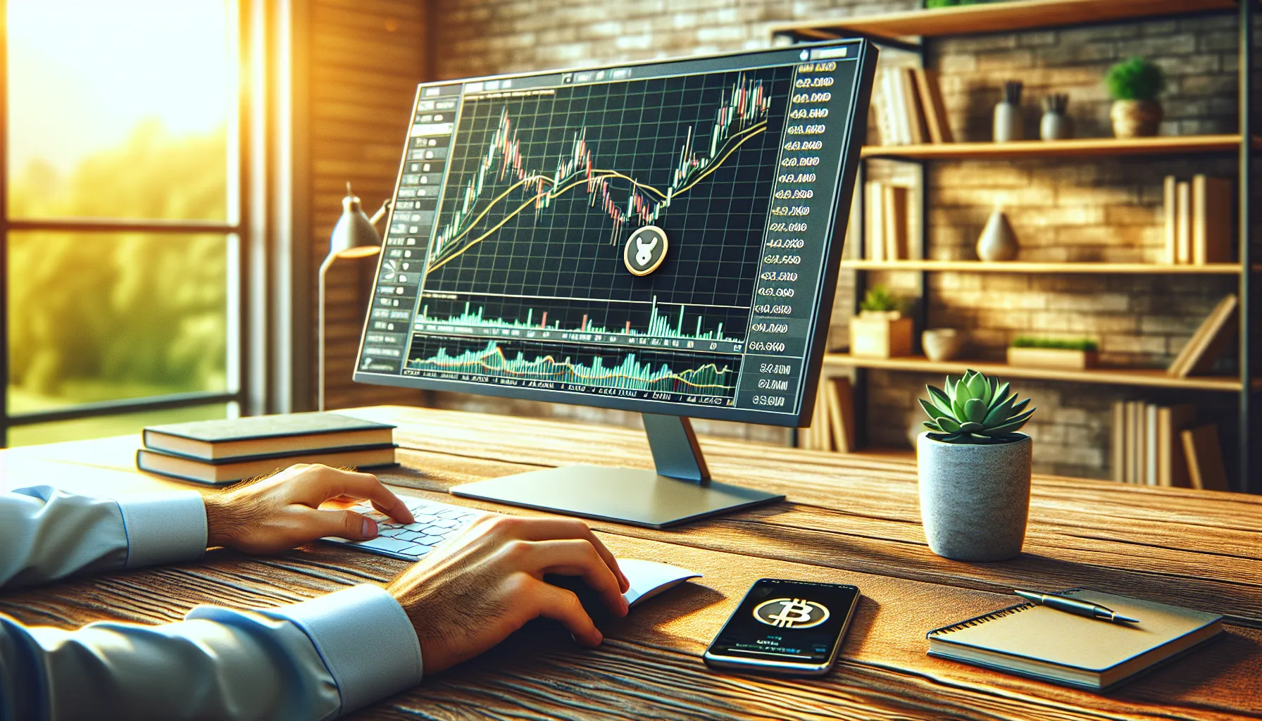 Investor analyzing Floki Inu cryptocurrency trading charts on computer screen, deciding to buy or sell.