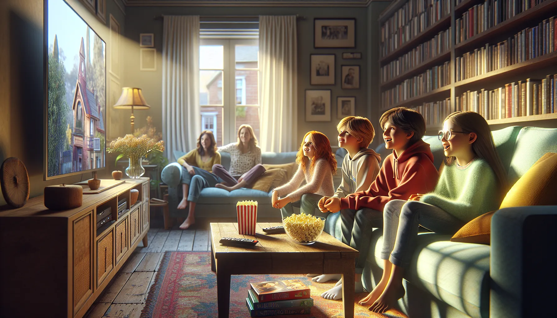 Italian family and kids watching a movie together in a cozy living room.