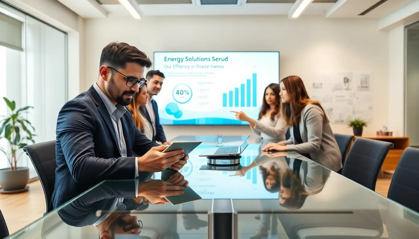 diverse professionals discussing energy solutions in a modern office.