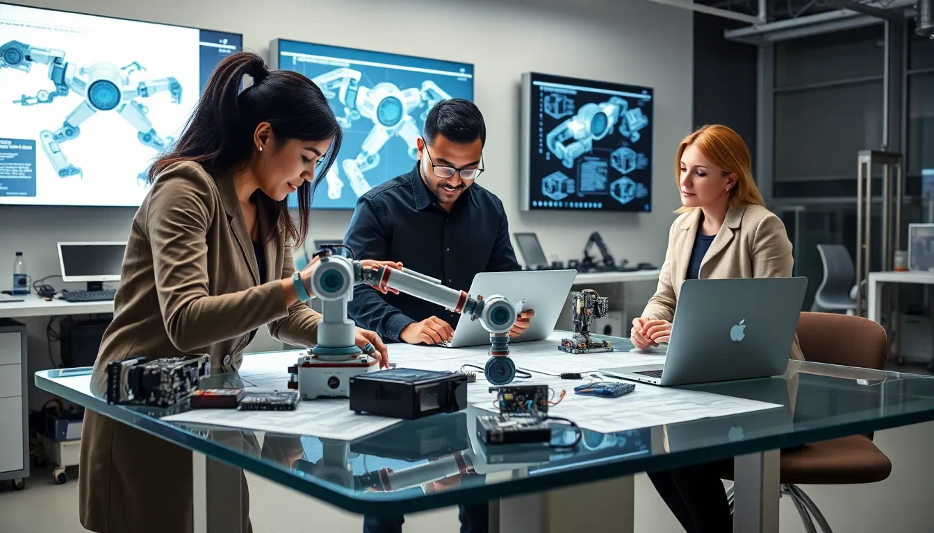 diverse robotics engineers collaborating in a modern lab.