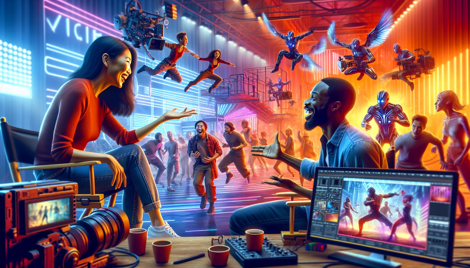 diverse filmmakers collaborating on an action adventure comedy movie set.