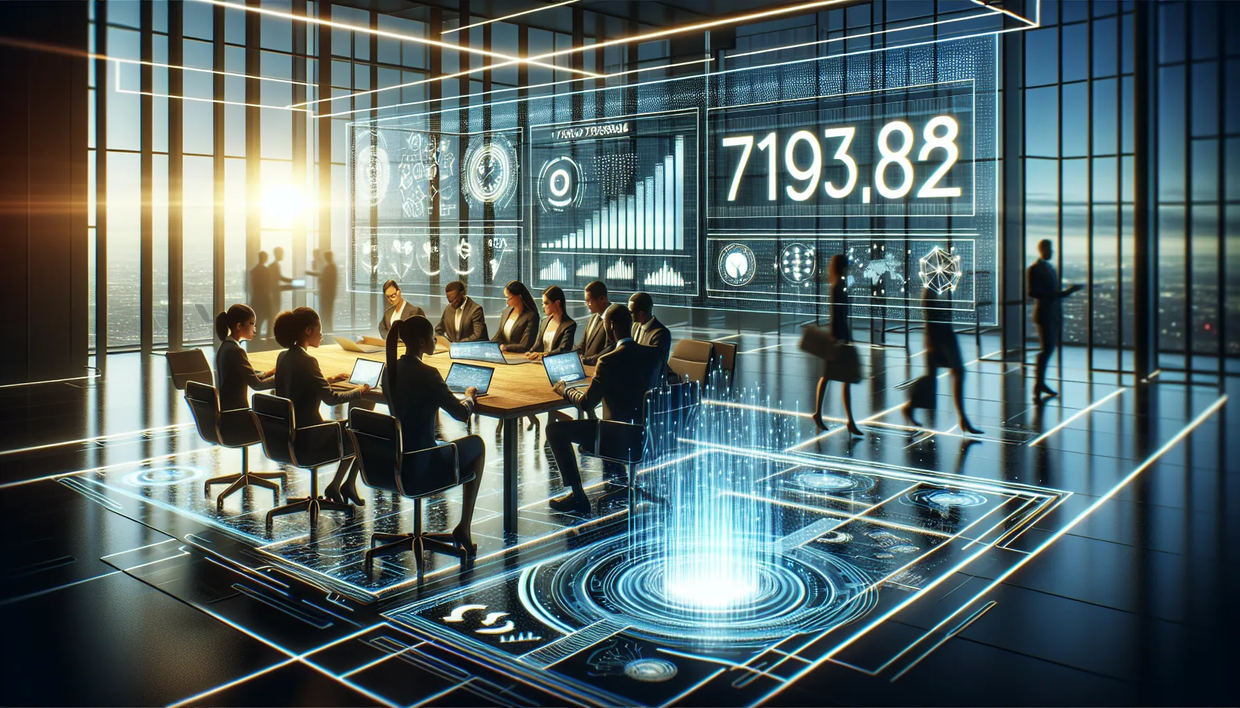 diverse professionals collaborating over a digital dashboard in a modern office.