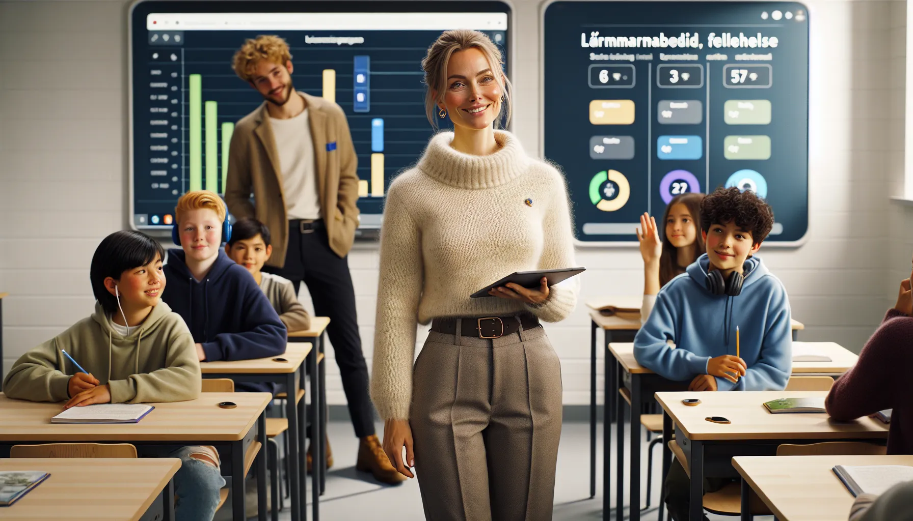 Norwegian teacher guiding diverse students with tablets in a bright winter classroom.