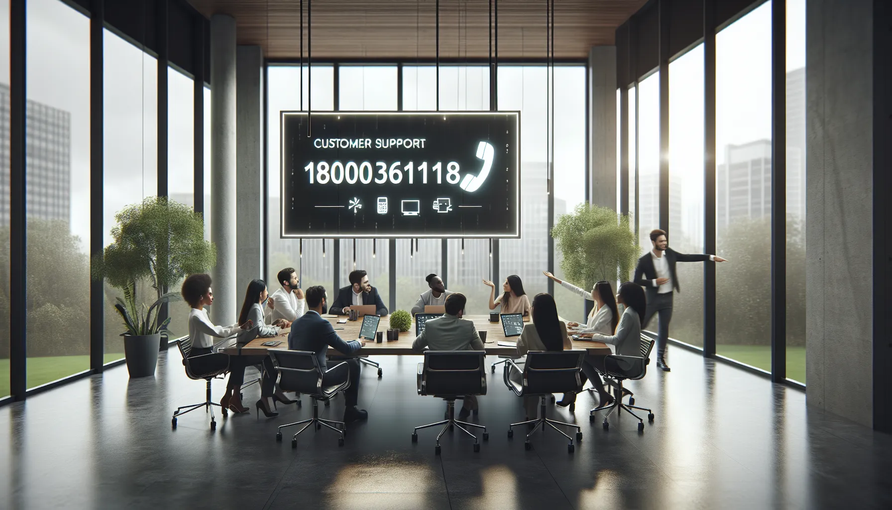 diverse professionals discussing customer support in a modern office.