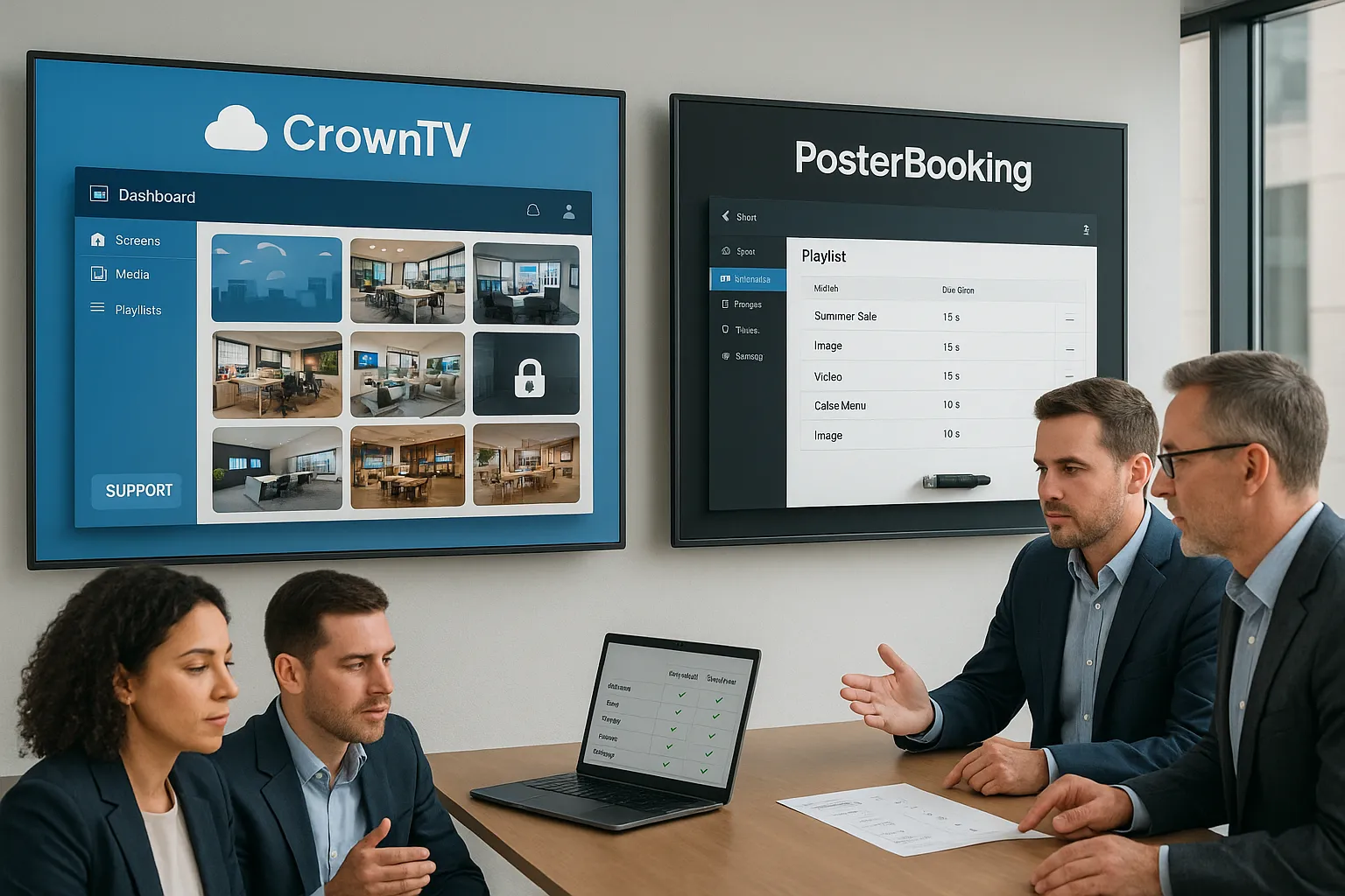 Side-by-side CrownTV vs PosterBooking dashboard comparison in a modern office.