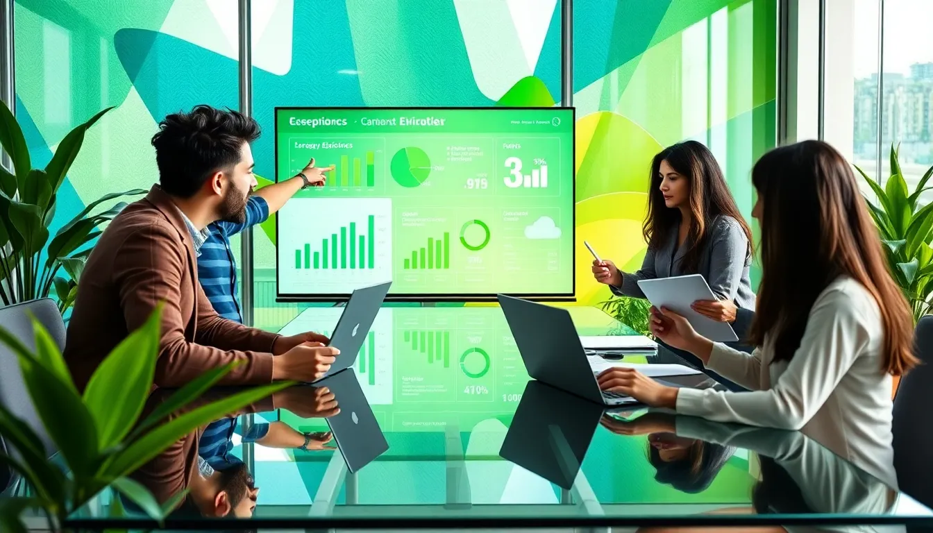 diverse team discussing green cloud computing in an eco-friendly office.