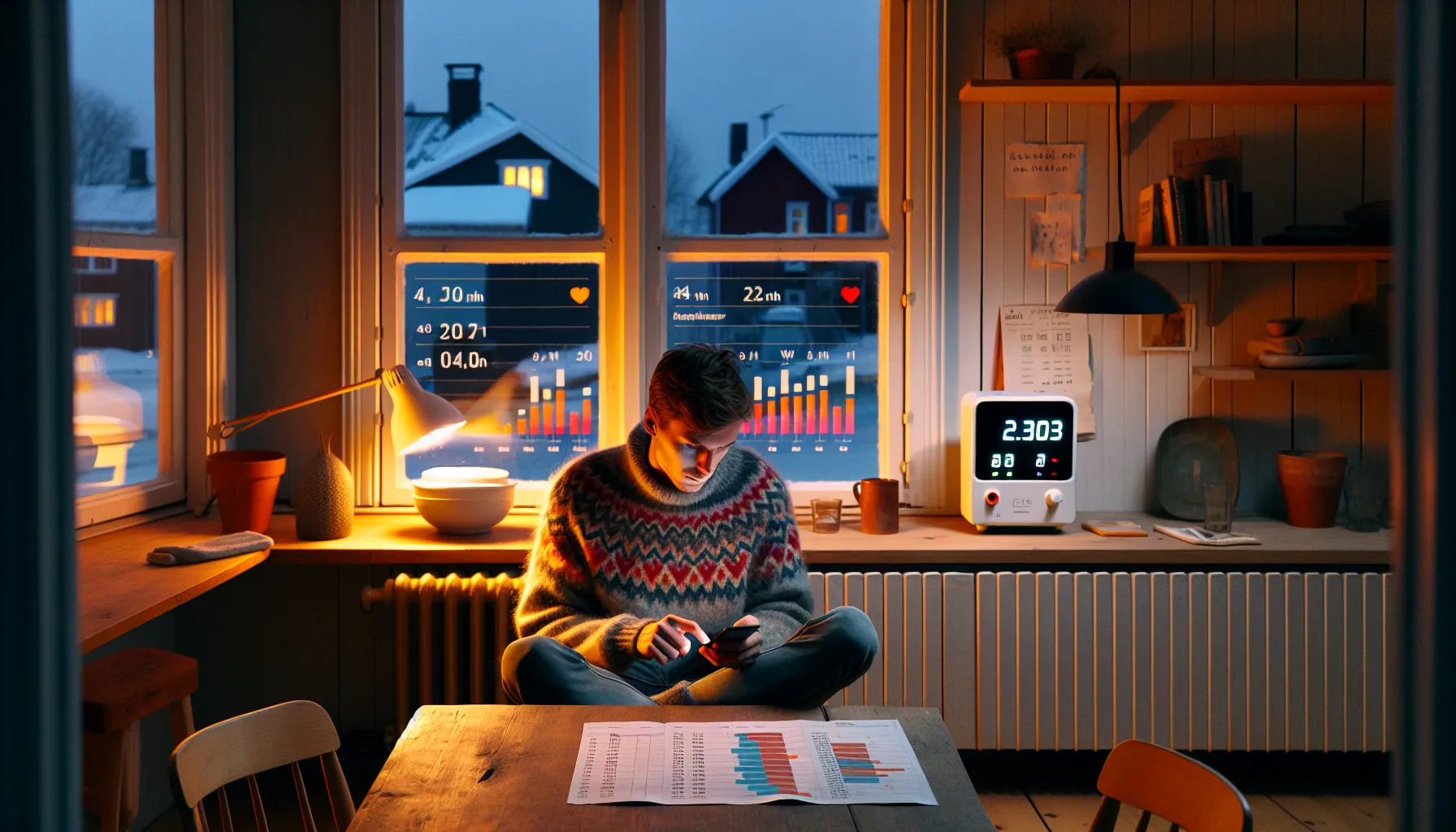 Norwegian homeowner checks power use on a phone and energy meter in living room.