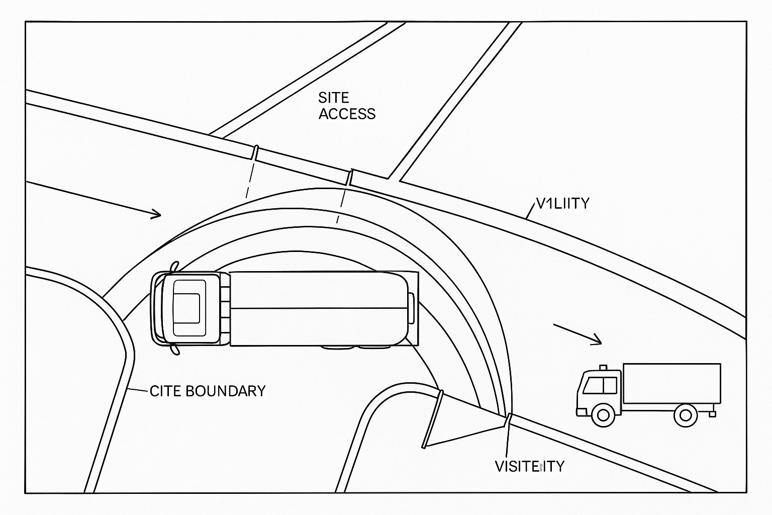 Swept path drawing of a service vehicle turning through a UK site access.