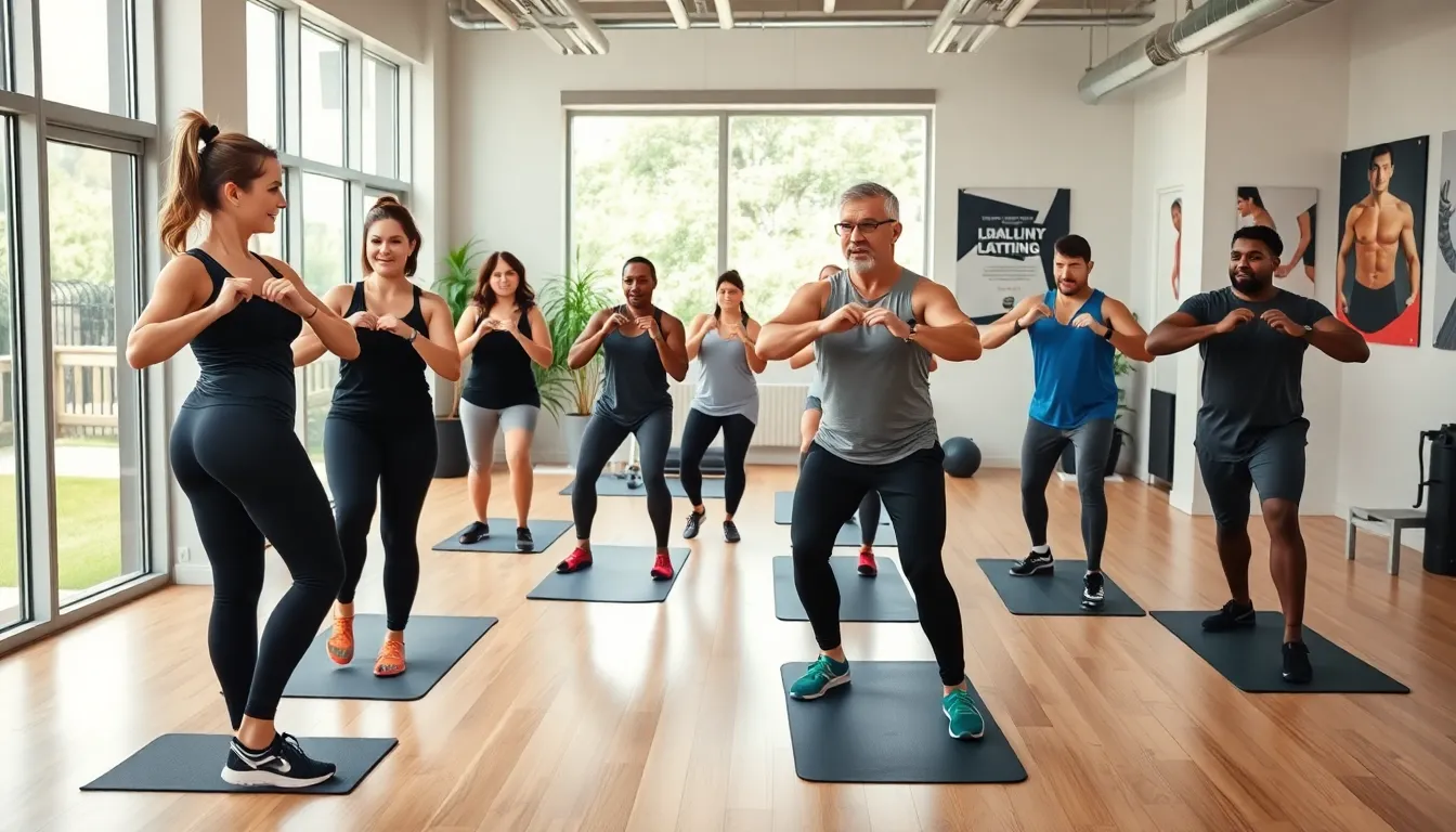 diverse group fitness training session in a bright gym.