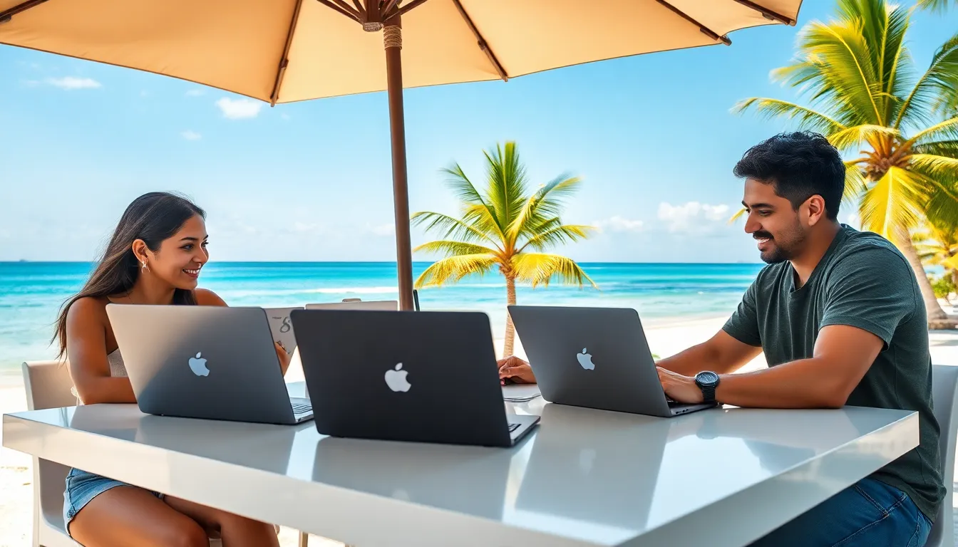 diverse digital nomads working on laptops at a beach.