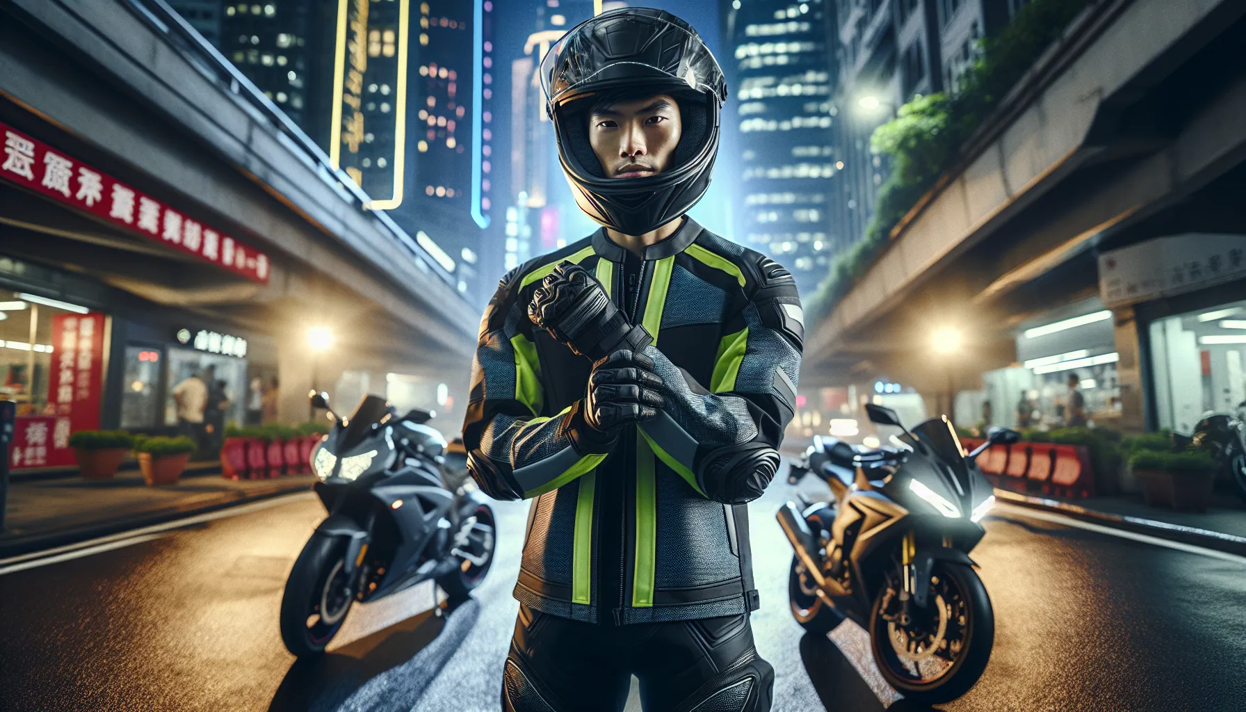 Motorcycle rider in safety gear in an urban setting.
