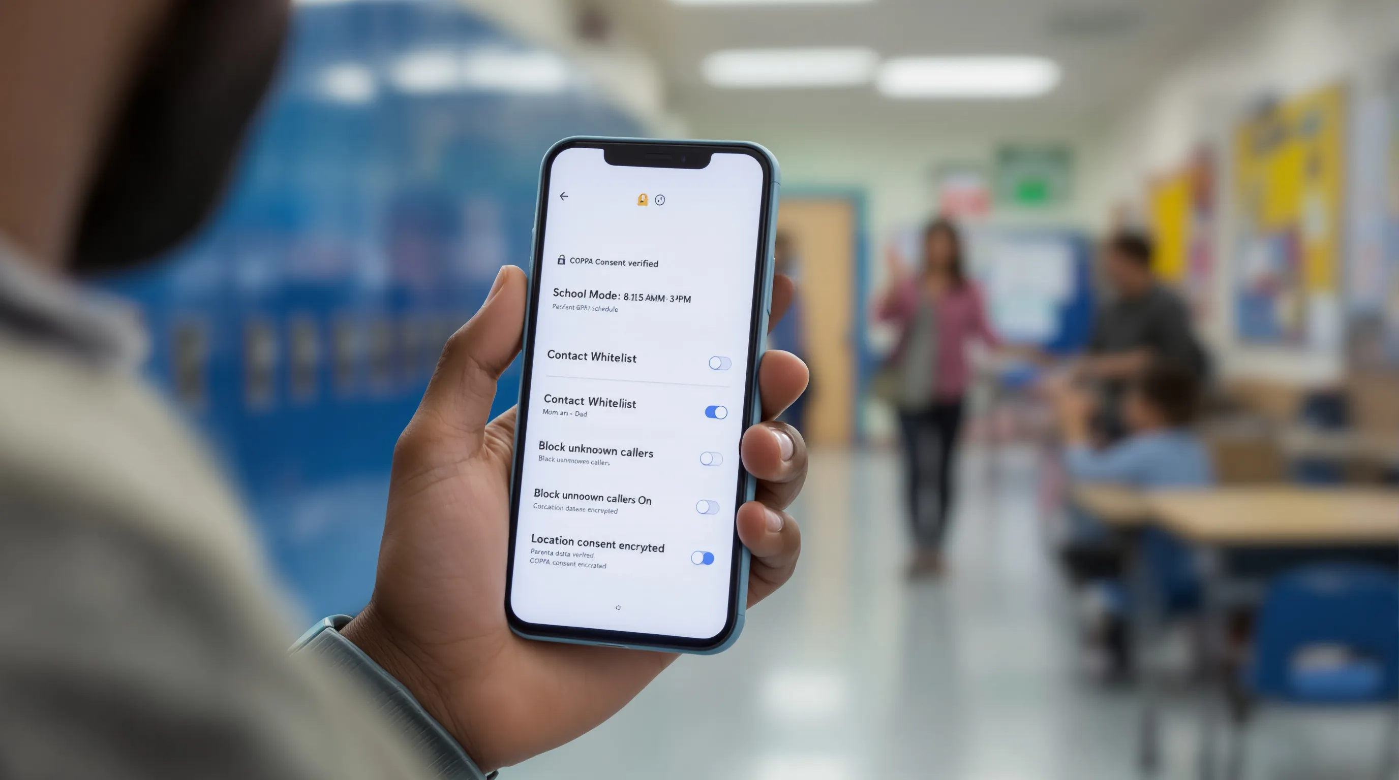 Parent enables School Mode and whitelist for child’s GPS watch at school.