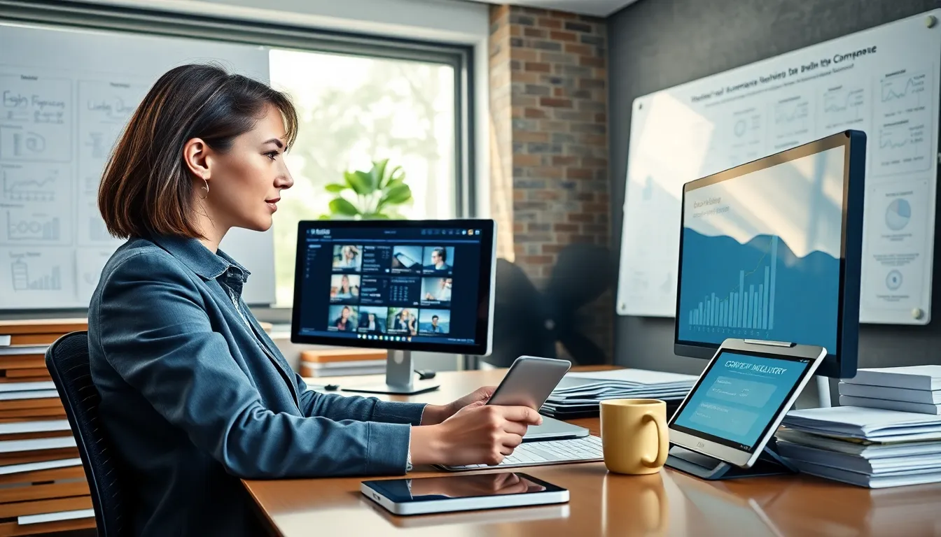 a woman analyzing e-commerce product listings in an office.
