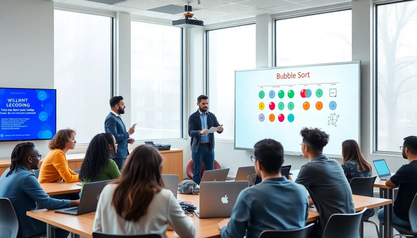 diverse students learning bubble coding in a modern classroom.