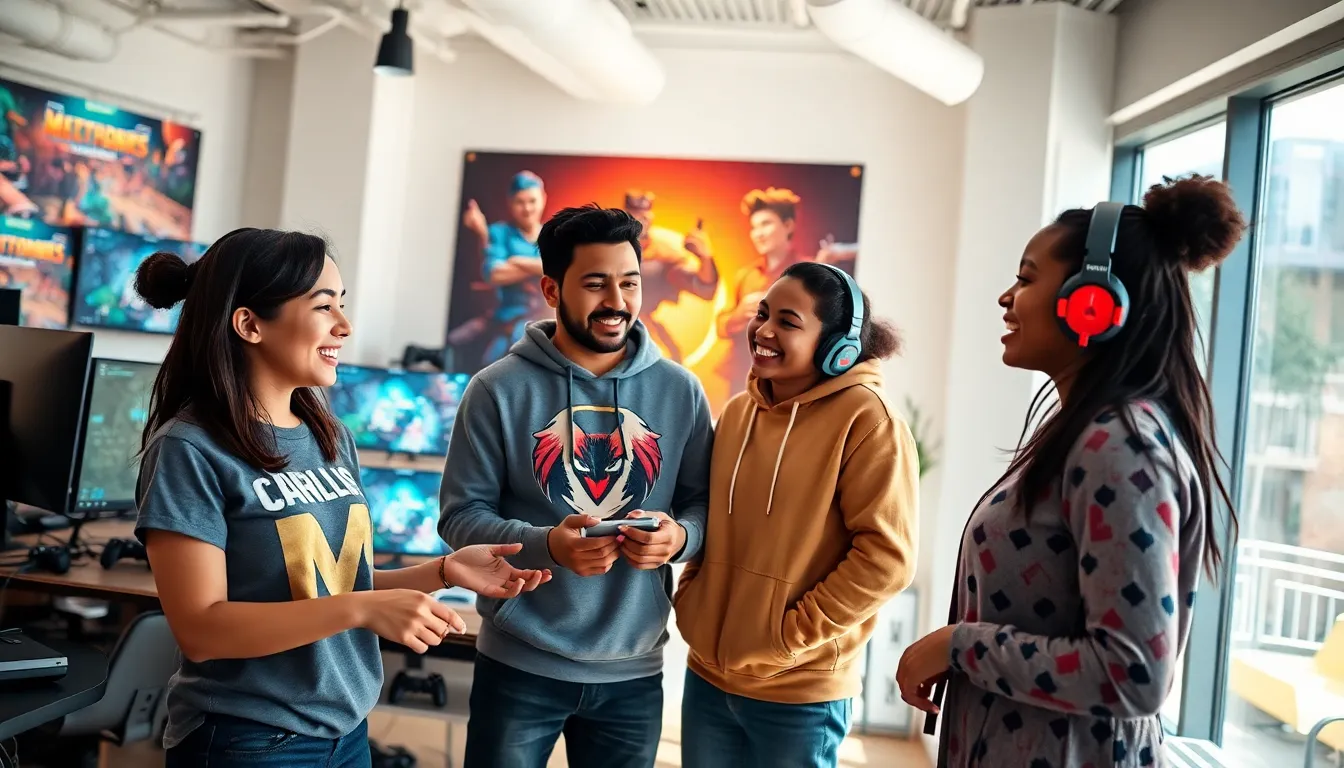 three game developers collaborating in a modern gaming studio.