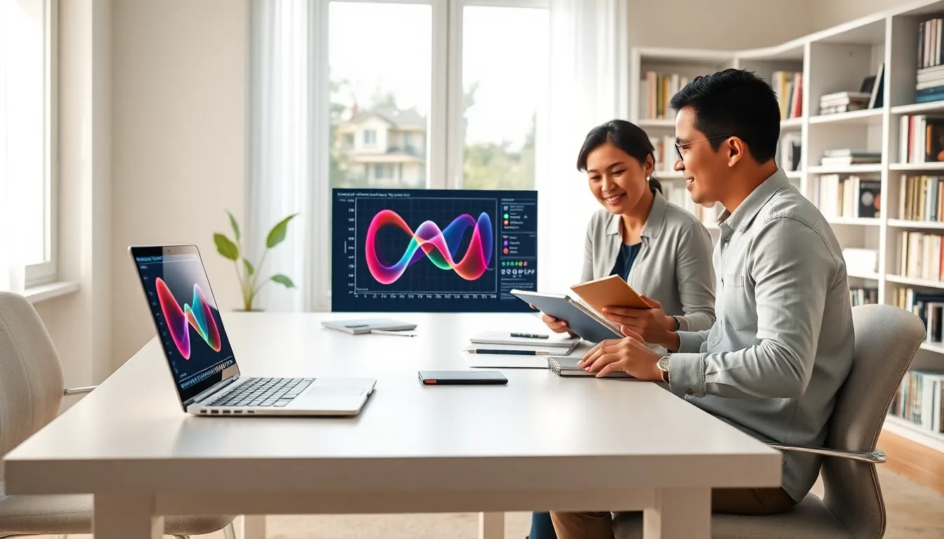 diverse professionals collaborating in a modern home office on quantum computing concepts.