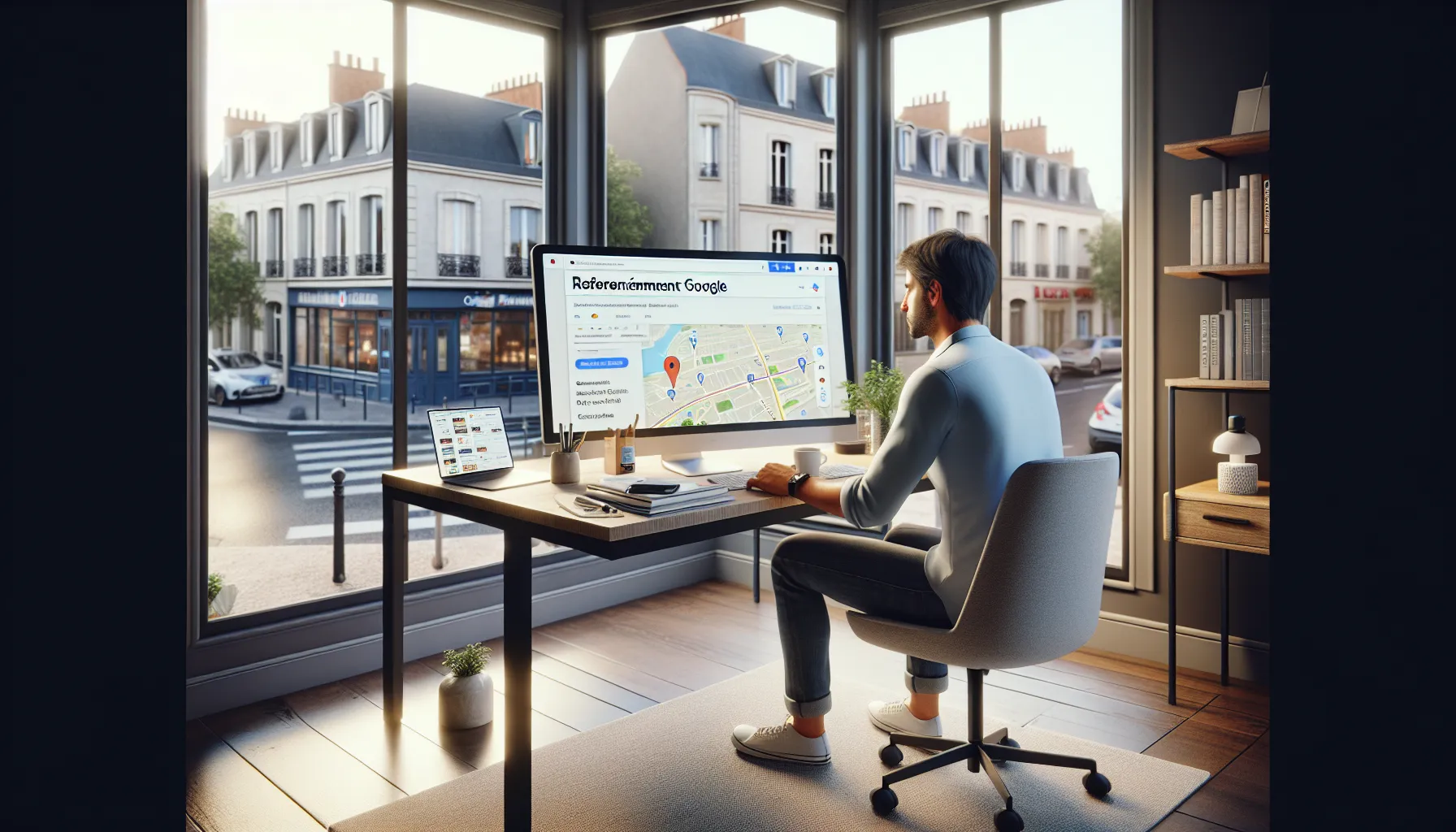 Business owner in Bonneuil-sur-Marne optimizing local Google SEO on computer.