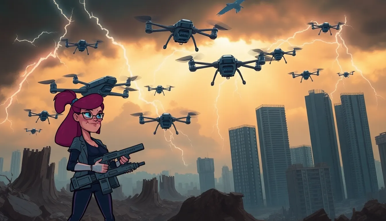 Lizzy stands strong amidst chaos caused by menacing drones in a dystopian city.