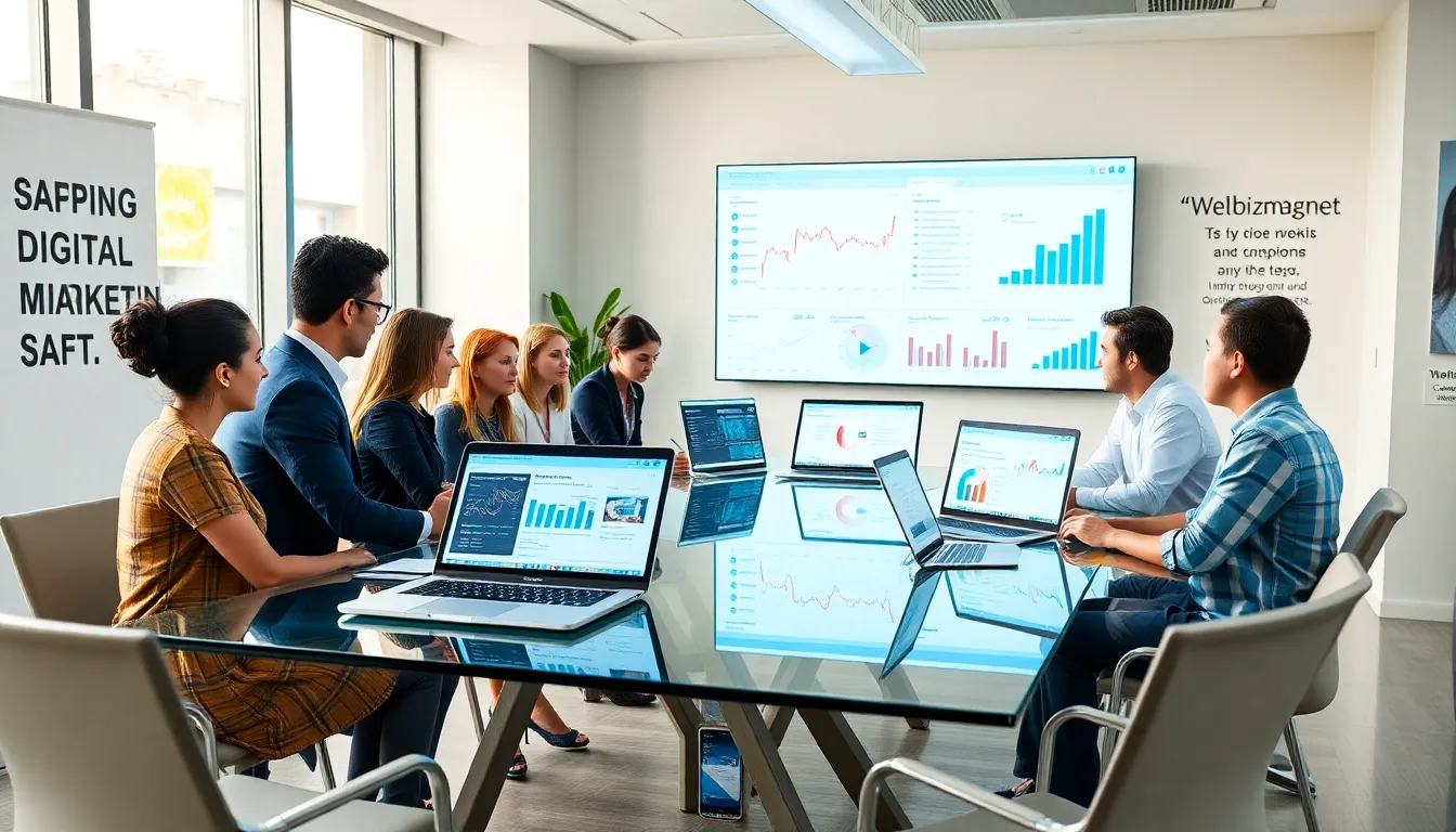 diverse team collaborating in a modern digital marketing workspace.