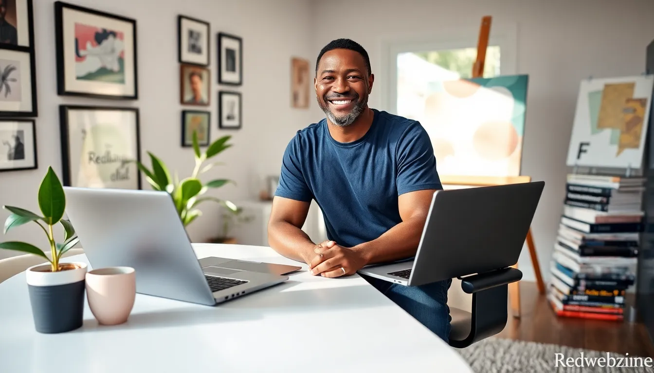James Gussie in a modern home office, illustrating Redwebzine's creative spirit.