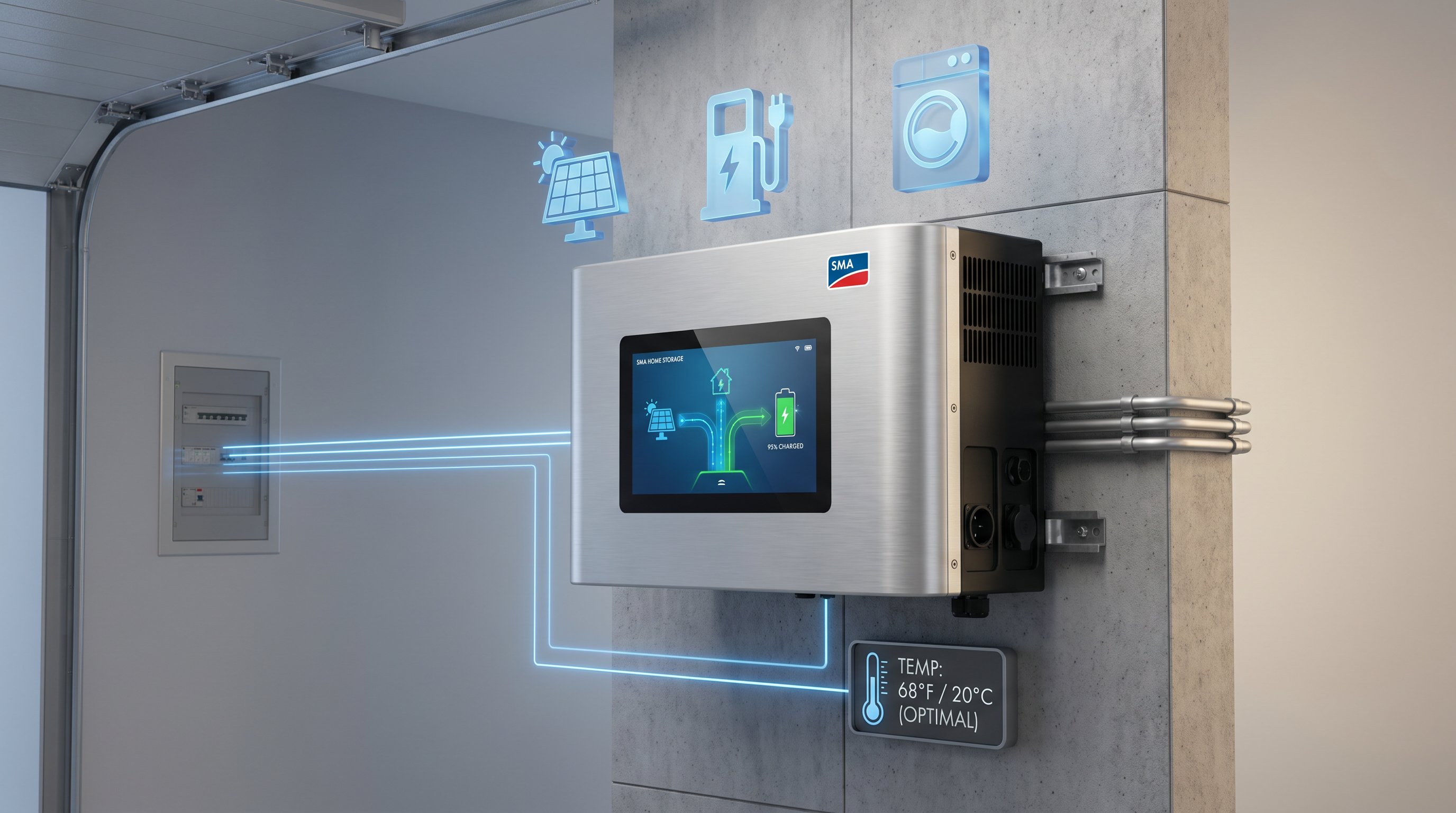 3D render of wall-mounted SMA battery storage unit in modern residential setting.