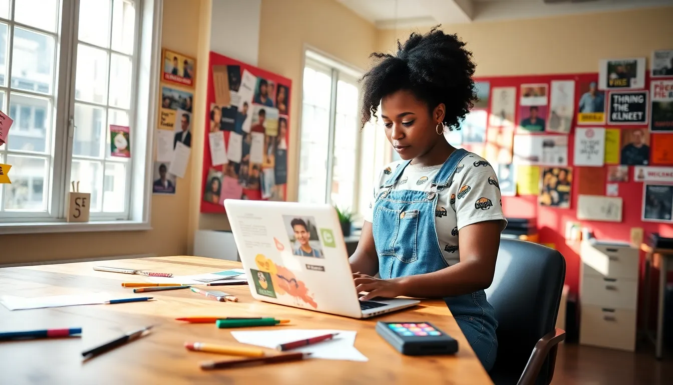 A young woman creating in a colorful design studio workspace.