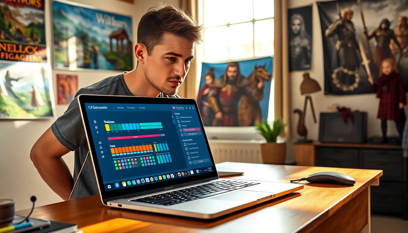 a young man using the CK2Generator tool on a laptop in a cozy room.