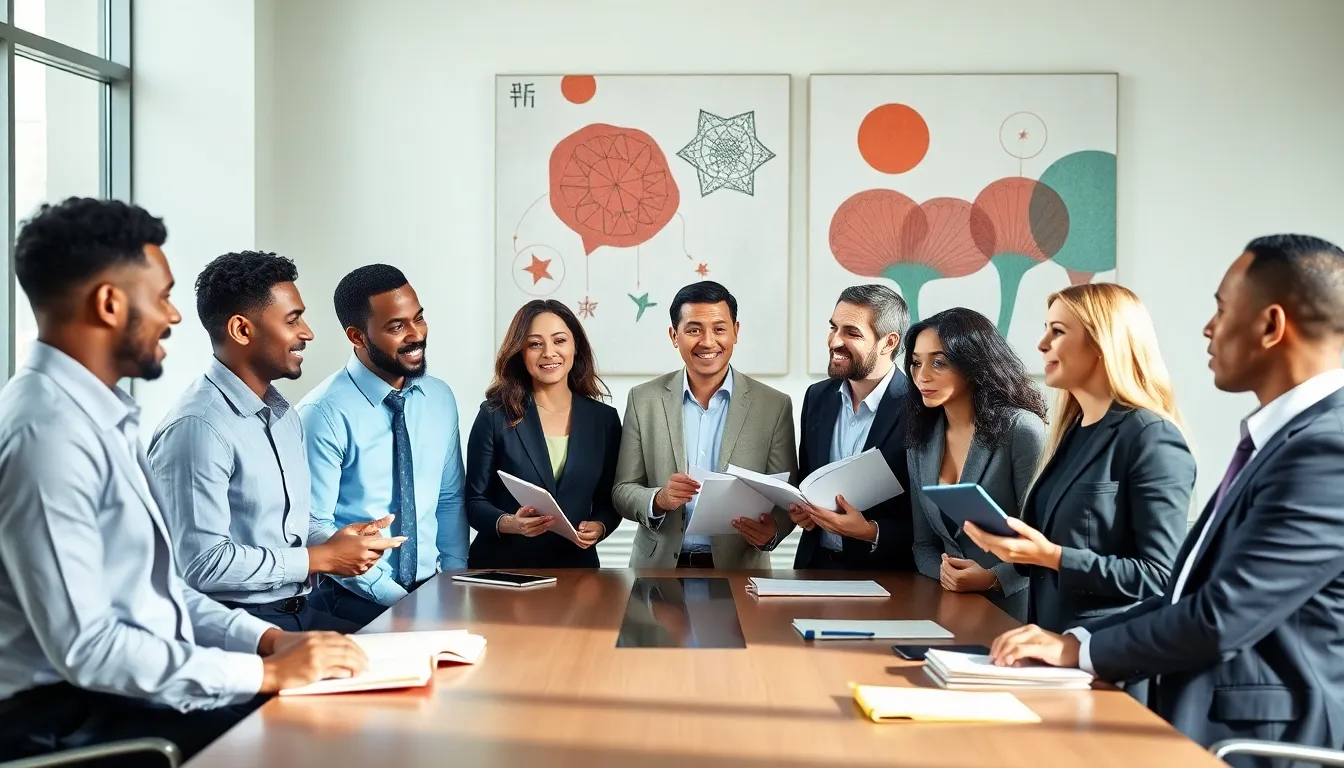 diverse professionals discussing concepts in a modern office.