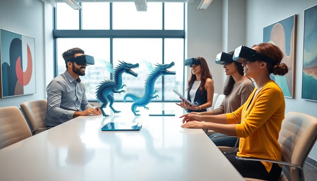 diverse team engaging with mixed reality technology in a modern office.