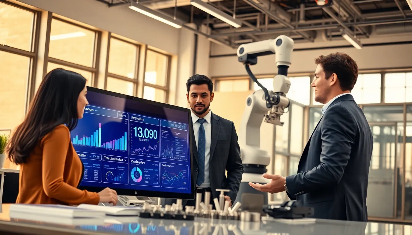 diverse professionals discussing automated devices in a modern office.