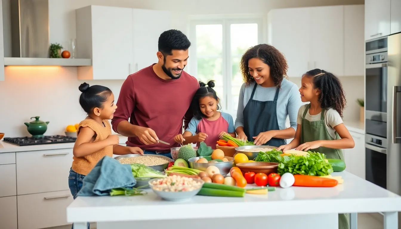 family cooking healthy meals together in a modern kitchen.