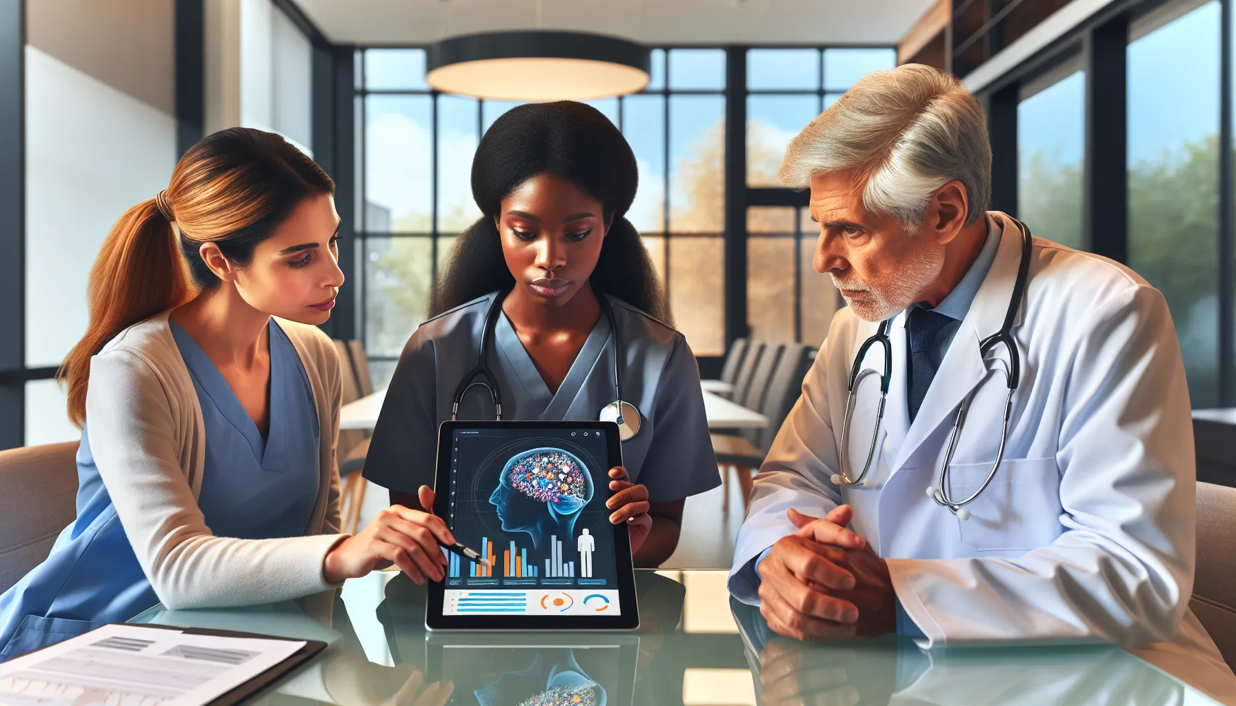 healthcare professionals discussing cognitive assessment in a modern hospital.