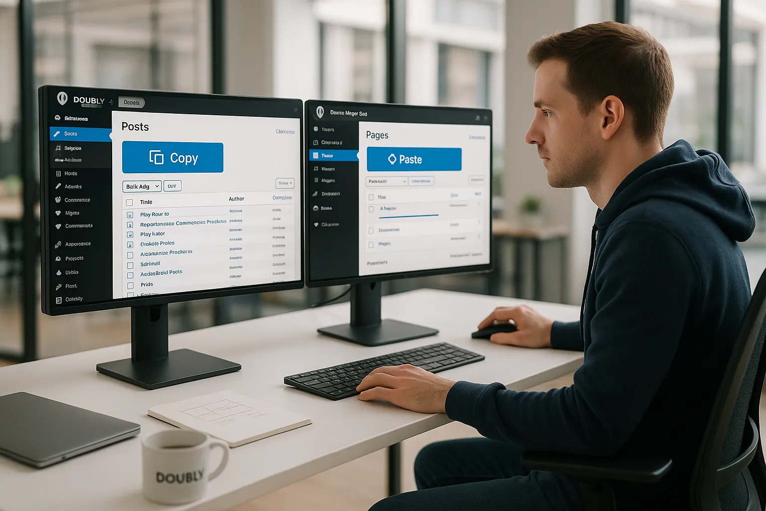 Developer using a WordPress plugin to copy and paste content between two sites.