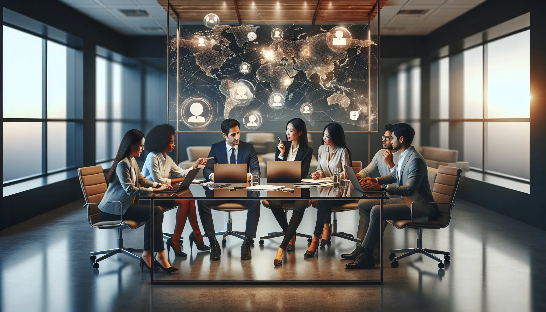 diverse team collaborating on digital communication tools in a modern office.