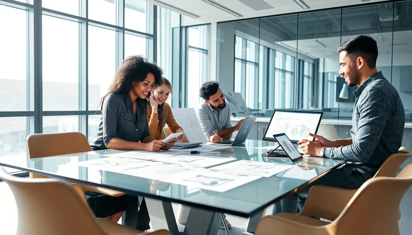diverse team brainstorming product design ideas in a modern office.
