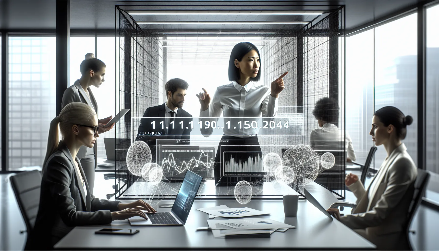 professionals discussing IP addresses in a modern office.