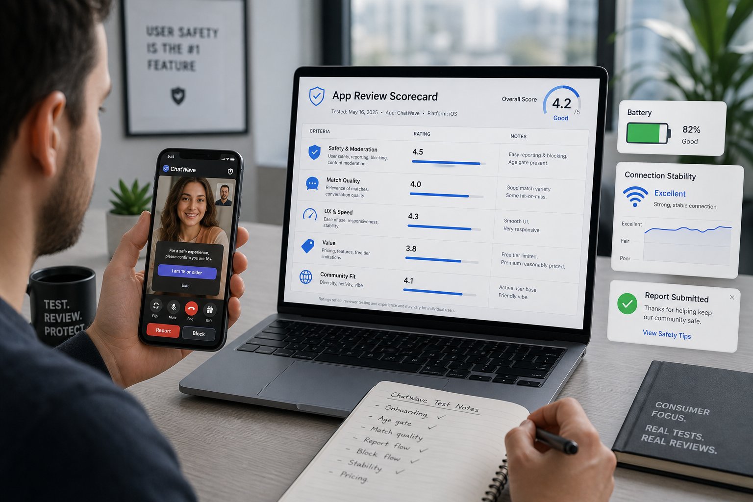 Reviewer scoring a video chat app on safety, UX, and match quality.