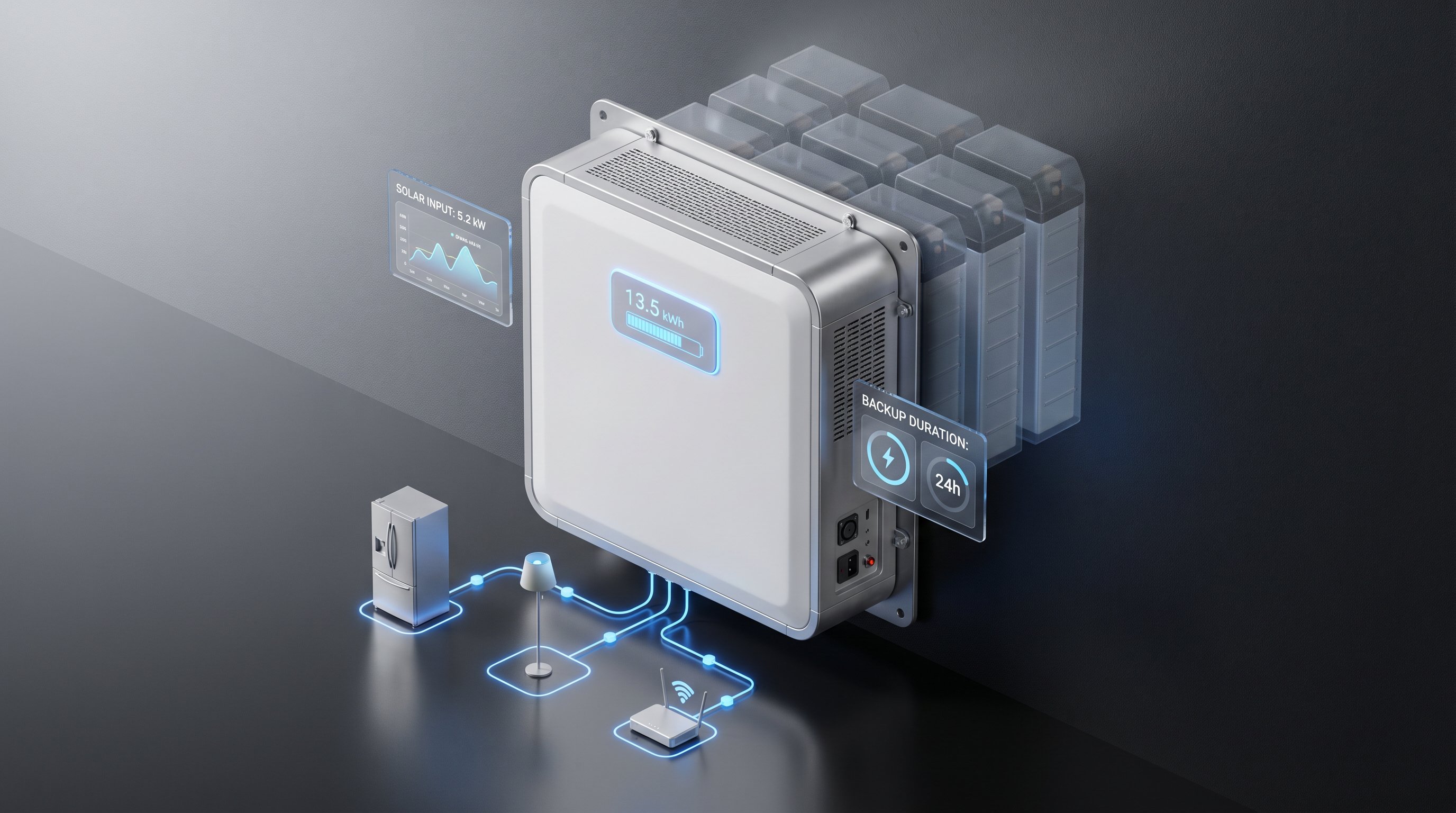 3D render of modern home battery storage system with capacity displays and modular design.