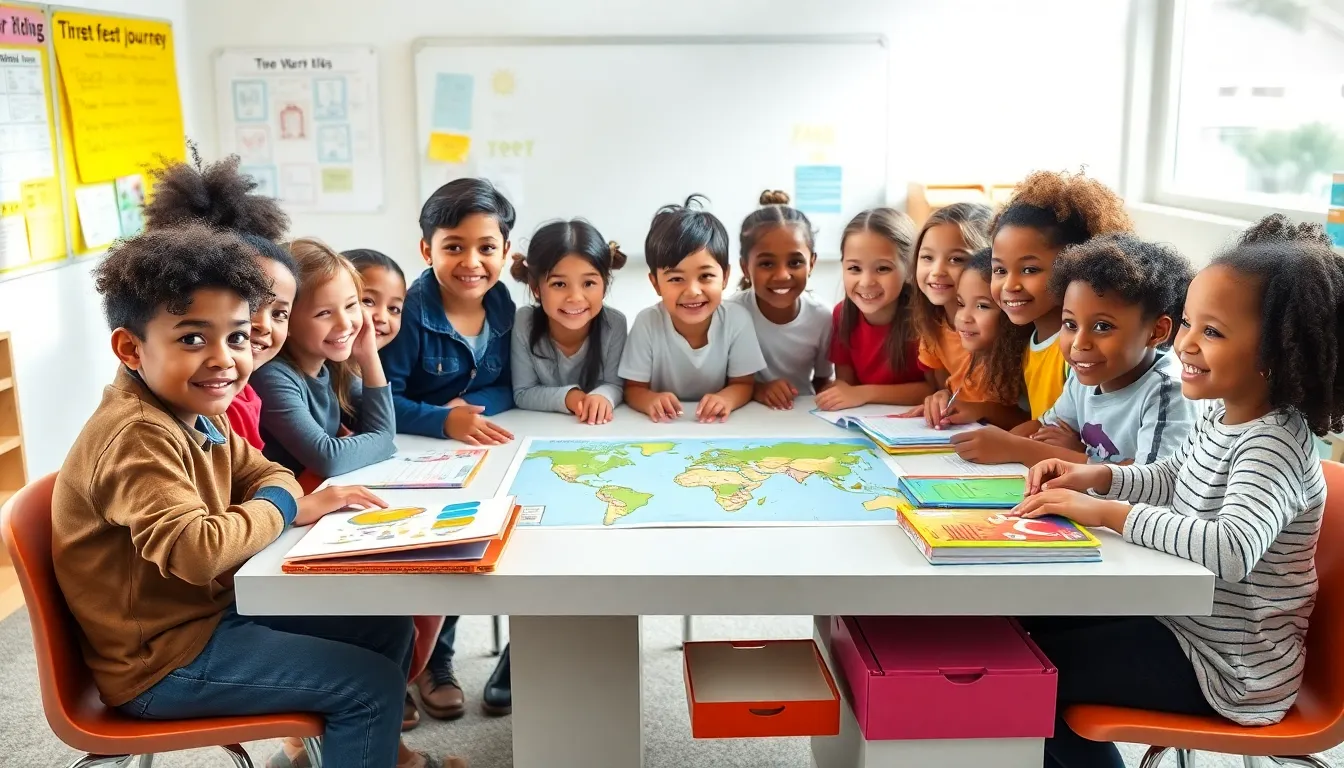 diverse 3rd graders collaborating in a colorful classroom.