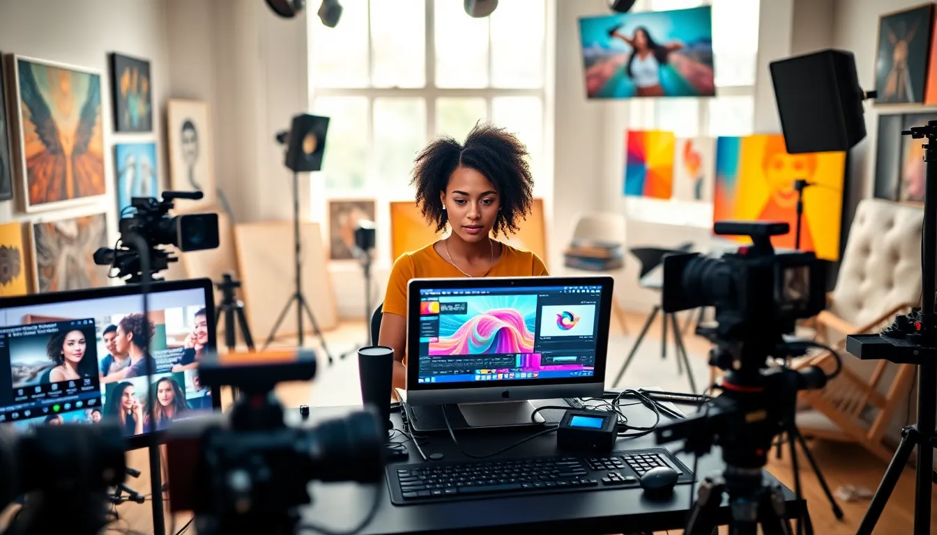 A graphic designer in a modern studio using advanced audio/video technology.