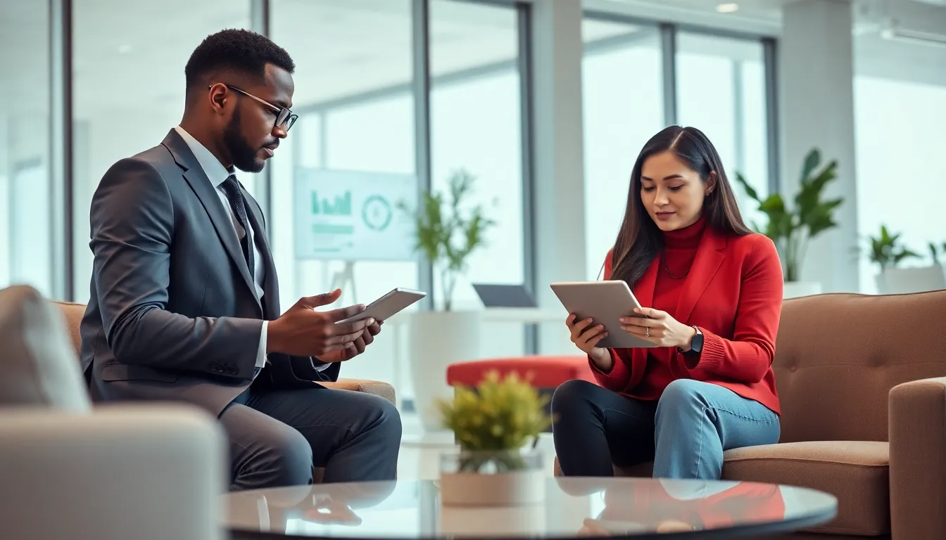 diverse team collaborating with technology in a modern office setting.